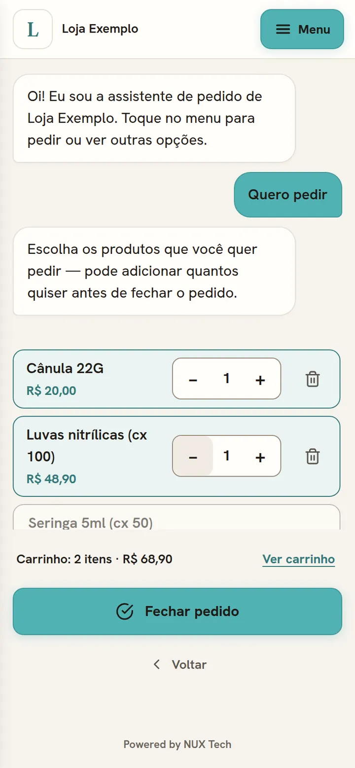 Chat de uma loja de exemplo com o carrinho: dois produtos com botões de mais e menos e o botão Fechar pedido