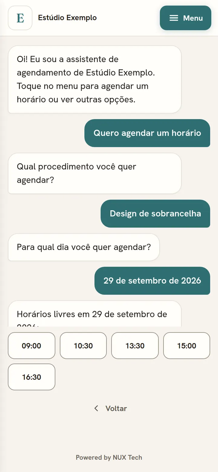 Chat no celular: o cliente escolheu Design de sobrancelha e o dia 29 de setembro, e vê os horários livres em botões