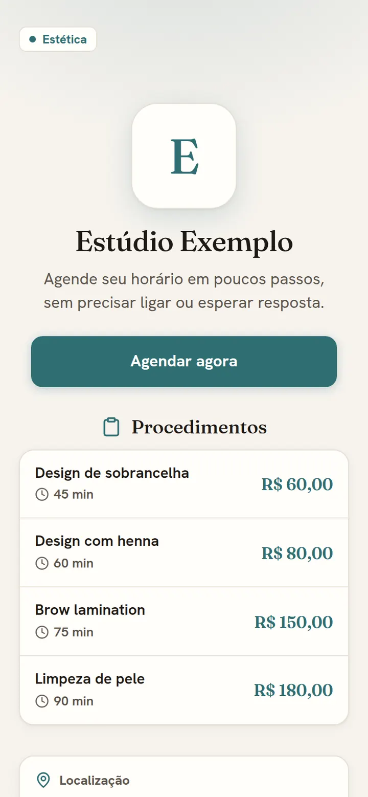 Página de um estúdio de exemplo com o botão Agendar agora e a lista de procedimentos com duração e preço