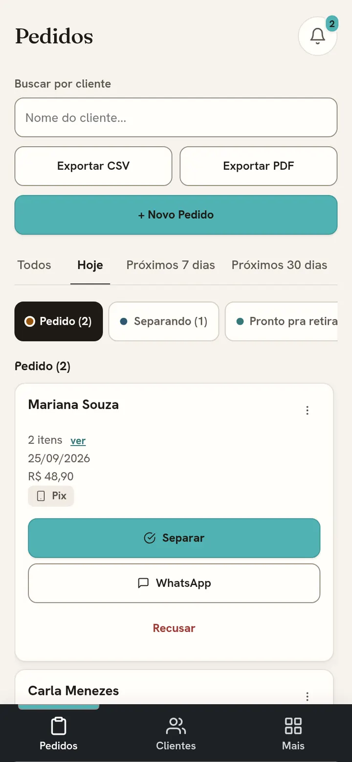 Painel no celular com a lista de pedidos e os botões Separar e WhatsApp